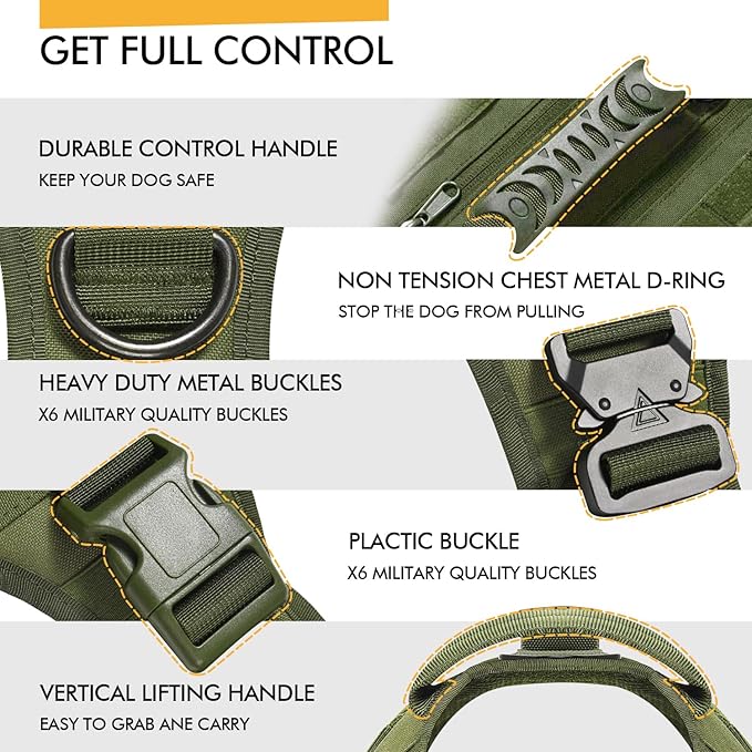 Tactical Dog Backpack Harness for Large Breed Original Design Metal Buckle Vest with Side Bags Pouches for Service Working Training (Green(Vest only), L)