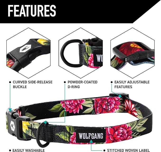 Wolfgang Heavy Duty, Adjustable Dog Collar with Quick Release Nylon Buckle for Walking & Training, DarkFloral Print, Medium