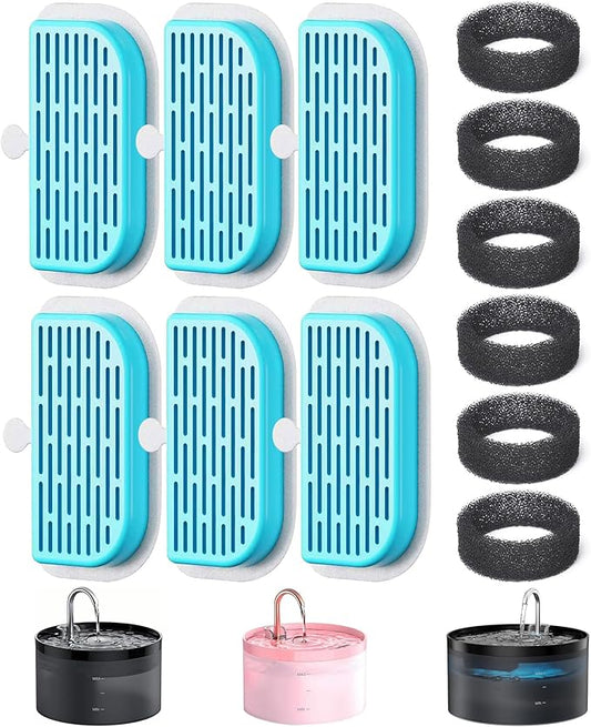 GIOTOHUN Cat Water Fountain Filter: 12 Cat Fountain Filter Replacement - 6 Pieces Filters + 6 Pieces Sponges for Pet Dispenser H1 (67oz/2L)