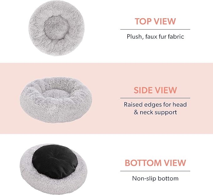 Active Pets Calming Plush Dog Bed Donut Joint Support Anxiety Relief Washable Pet Bed with Removable Cover for Dogs Cats, Large 36", Light Grey