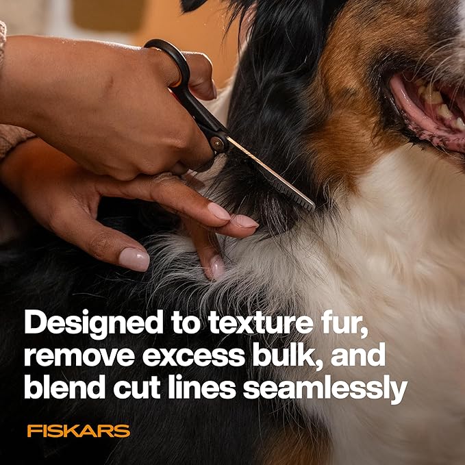 Fiskars Pet Blending Scissors, Dog and Cat Grooming Scissors, Serrated Teeth for Thinning & SoftGrip Handle, 6.5”, Orange/Black