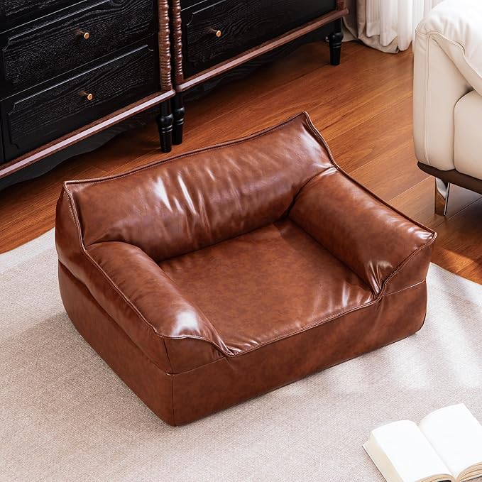 Brown Leather Dog Couch Bed for Medium Small Dogs Under 50 lbs, 31.5 Inch Mid-Century Modern Luxury Elevated Dog Sofa Indoor, Furniture Style Vintage Raised Pet Sofa Bed (Medium)