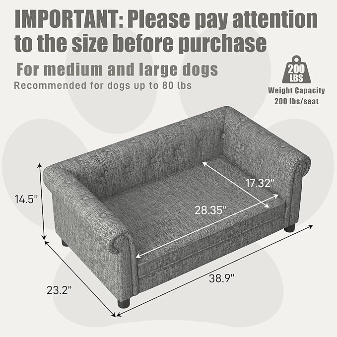 Dog Sofa Couch for Medium Dogs, 31" Memory Foam Dog Couch with Washable Fabric Removable Cushion, Sofa Bed for Medium Dogs, Grey