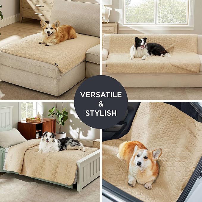 Bedsure 100% Waterproof Bed Cover for Dogs Washable - Non Slip Waterproof Dog Blanket for Bed, Lightweight Furniture Protector Durable for Pet Cat Puppy with Non-Slip Bottom, Beige, 68x82IN
