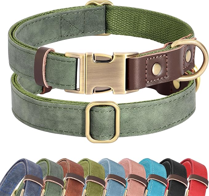 Didog Soft PU Leather Dog Collar for Large Dogs,Classic Adjustable Dog Collars with Quick Release Metal Buckle,Easy Clean and Comfortable with Nylon Lining,Green,XL Neck 17-26", Width 1¼''