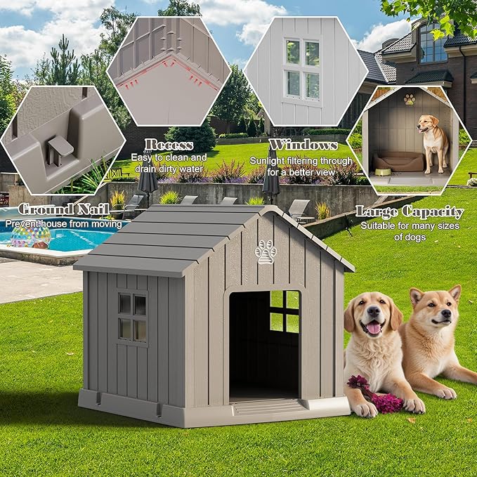 Fancyango Dog House Outdoor Indoor - Waterproof, Ventilated, Easy to Clean, Elevated Floor for Small-Large Dogs, Easy to Assemble (Grey, 31" L x 33.3" W x 33.5" H)