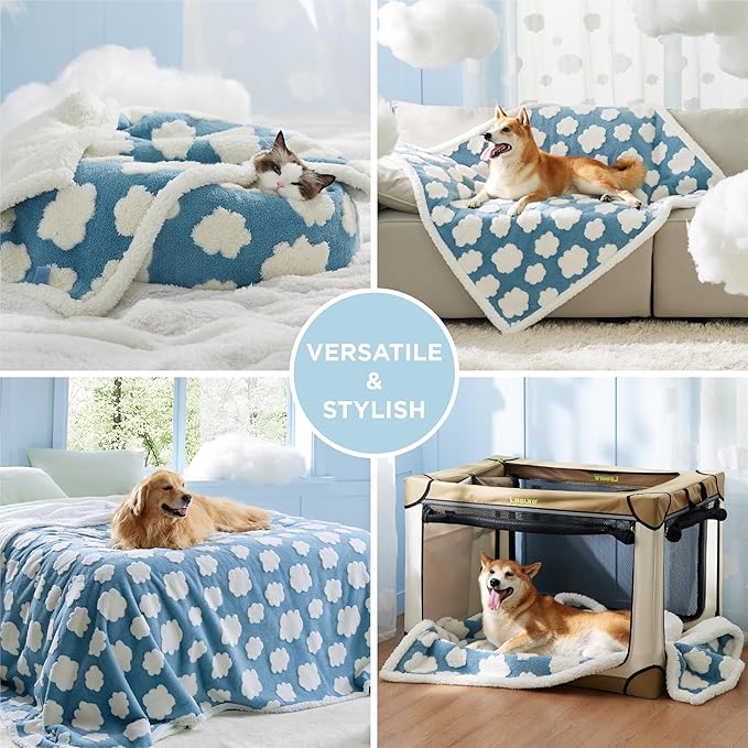 LE SURE Waterproof Dog Blanket for Large Dogs - Washable Double Sided Dog Blankets with Warm Jacquard Shag and Soft Sherpa Fleece, Pet Cat Blanket for King Bed Protection, 3D Textured Cloud, Blue