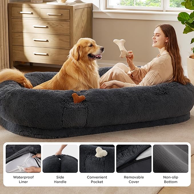 Bedsure Human Dog Bed, 71.0" x 44.0" x 12.0" Calming Giant Human Dog Bed for Adults People Fits Pet Families with Storage Pocket, Fluffy Faux Fur Orthopedic Pet Bean Bed, Dark Grey
