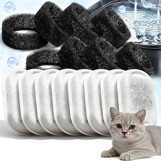 16 Pack Cat Water Fountain Filters Replacement for 108/3.2L & 67oz/2L Stainless Steel Pet Dispenser, 8 Filters with 8 Sponges Pet Fountain Filter Replacement