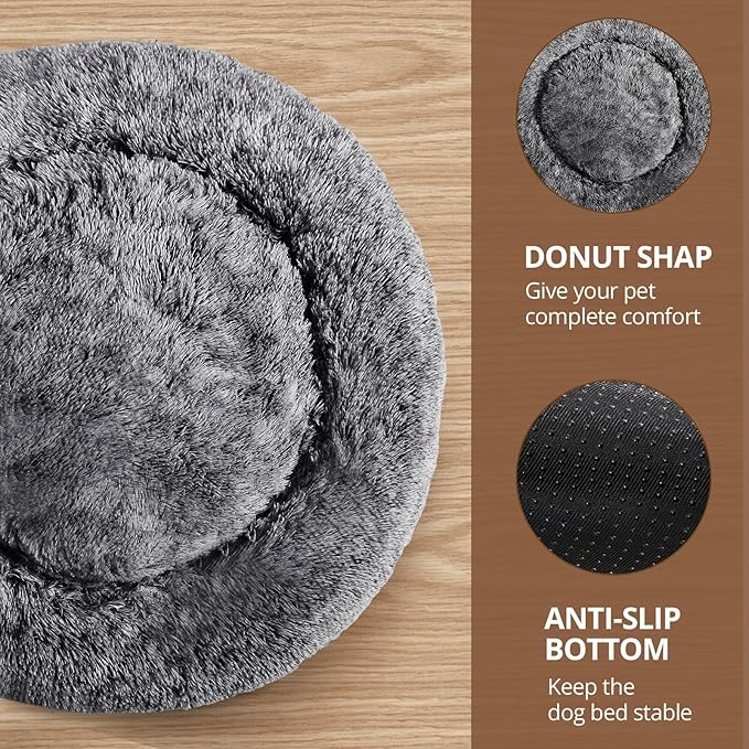 JOLLYVOGUE Small Dog & Cat Beds for Indoor Cats, Donut Cuddler Warming Soft Dog Beds with Anti-Slip Bottom, Round Calming Fluffy Plush Faux Fur Cushion Bed for Large Dogs (36", Smoke Black)