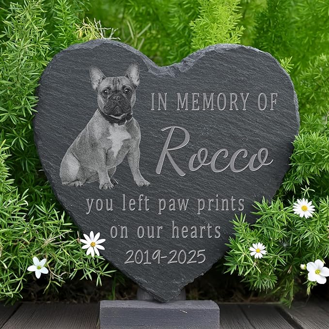 Pet Memorial Stone with Photo, Dog Memorial Gifts for Loss of Dog, Personalized Pet Memorial Gifts, Pet Loss Gift - Paw Prints On Our Hearts（Heart）