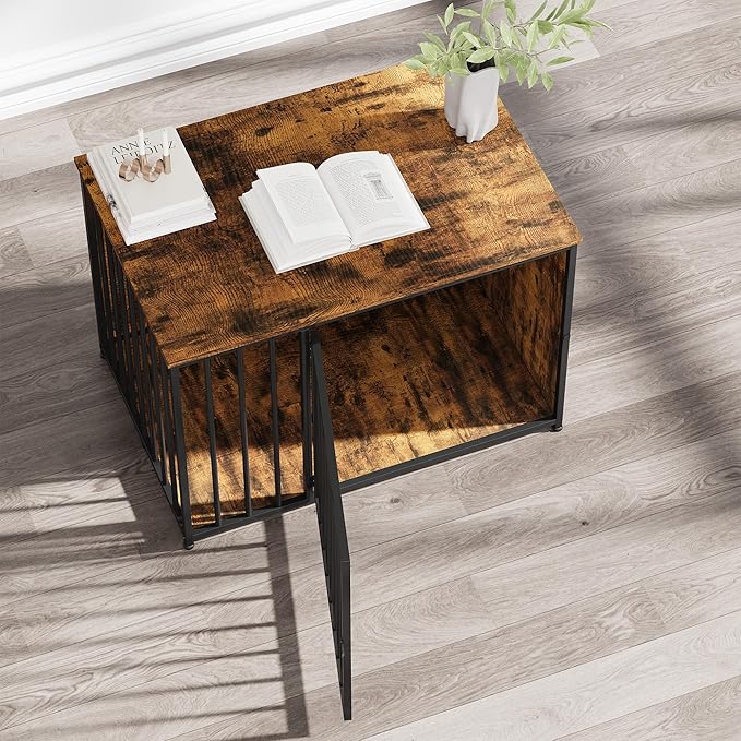 Dog Crate Furniture for Large and Medium Dogs, 36 Inch Wooden & Steel Decorative Indoor Kennel, Pet Cage End Table for Home, Escape-Proof & Chew-Proof, Rustic Brown