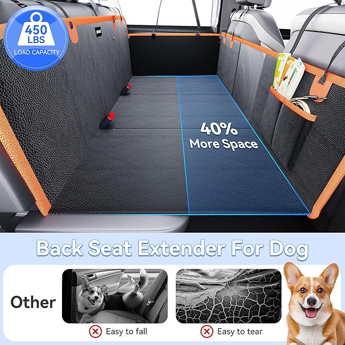 Back Seat Extender for Dogs, PU Leather Hard Bottom Dog Car Seat Cover for Back Seat, Waterproof, Scratch Proof and Anti Slip Dog Hammock for Cars and SUVs, Holds 400 lbs