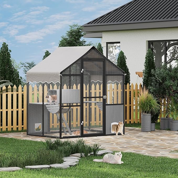 Large Outdoor Cat Enclosure for Multiple Cats - Weatherproof Catio with UV Cover, Platform & Side Door