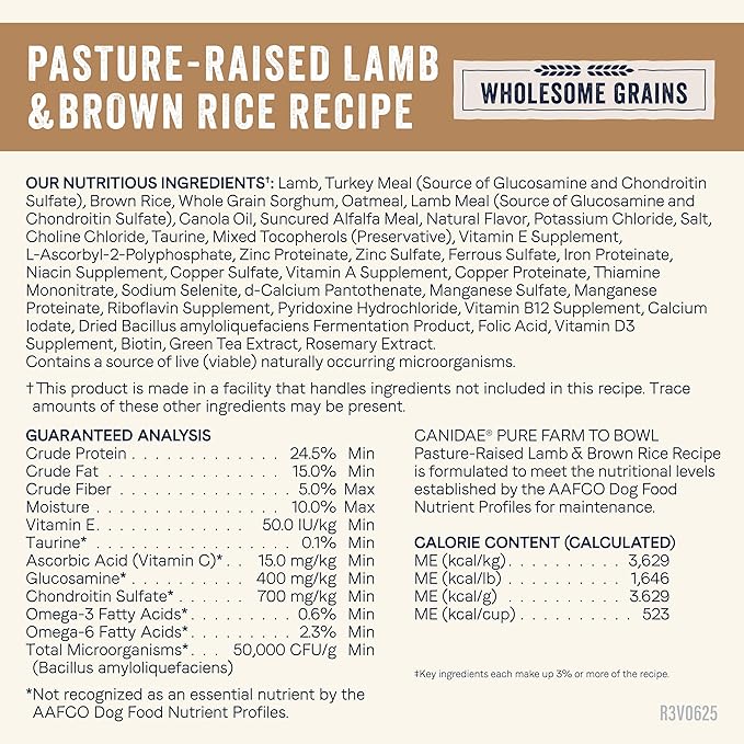 CANIDAE Pure Farm to Bowl Pasture-Raised Lamb & Brown Rice Dog Food, Adult Dog Food, 22lb