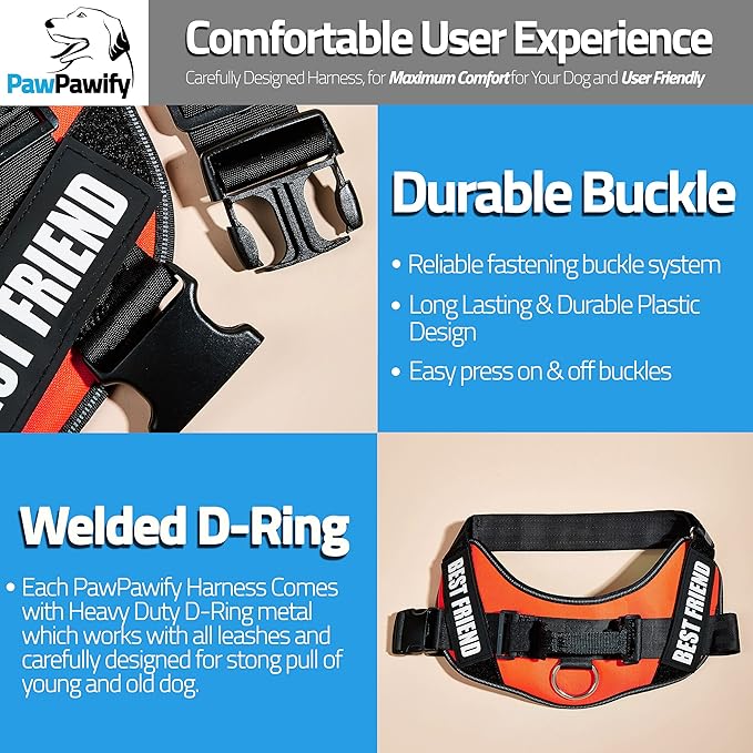 PawPawify Custom No Pull Dog Harness with Name and Phone Number, Heavy Duty Personalized Pet Vest to Prevent Tugging, Pulling, or Choking, Training and Walking (Orange, XXL (Chest 36-42in))