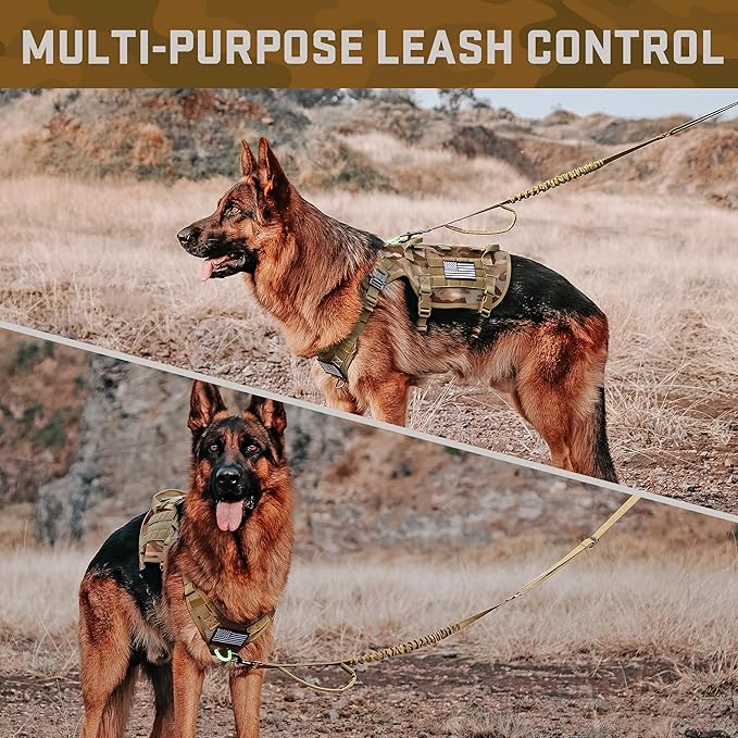 Forestpaw Tactical Dog Harness Tactical Dog Collar with Bungee Leash Set,No Pull Military Dog Harness for Walking Training,Adjustable for Medium Large Dogs,Camouflage Brown,Chest 21.5-45"
