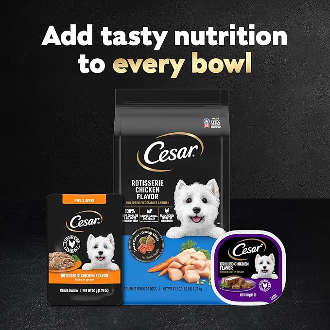 Cesar Filets in Gravy Wet Dog Food Rotisserie Chicken Flavor, Filet Mignon Flavor, and Wood-Grilled Chicken Flavor Variety Pack, 1.76 oz. Mini-Pouches, 40 Pack