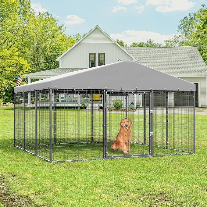 Large Outdoor Dog Kennel,10x10x6 FT Heavy Duty Dog Cage with Fully Covered Roof,Anti-Rust Outdoor Dog Fence w/Waterproof UV-Resistant Cover and Double Security Locks for Backyard