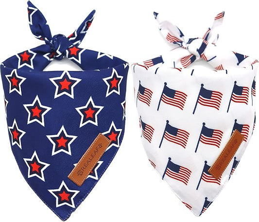 Realeaf American Flag Dog Bandanas 2 Pack, Triangle Reversible 4th of July Pet Scarf for Boy and Girl, Premium Durable Fabric, Patriotic Bandana for Small Medium Large and Extra Large Dogs (Large)