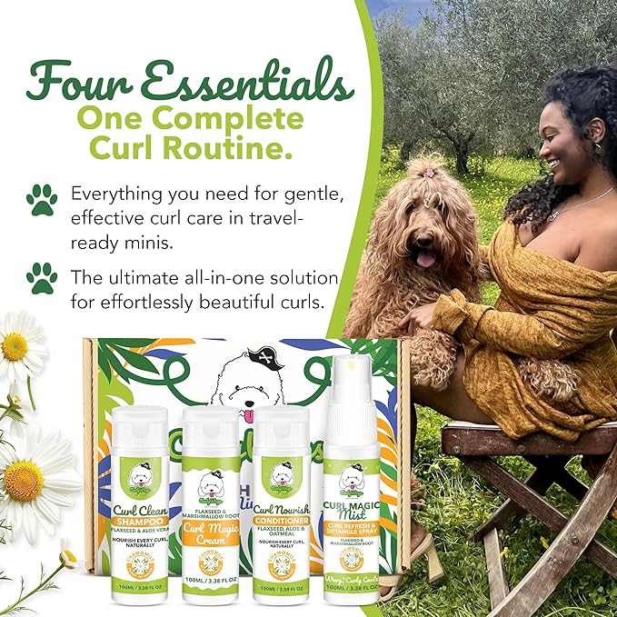 Curly Dog Grooming Kit – Travel-Size Shampoo, Conditioner, Curl Cream & Curl Refresh Detangler Spray, for Doodle, Poodle & Curly Coats, TSA-Friendly Gift Bundle (Chamomile)