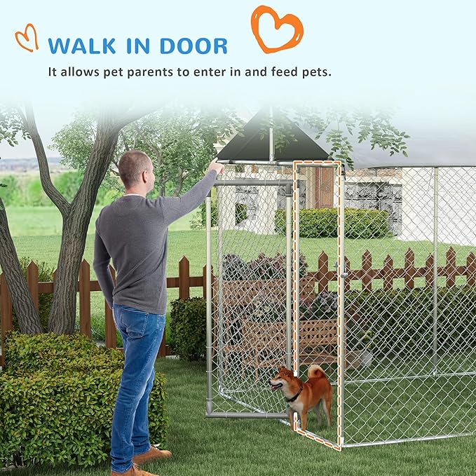 PawHut Outdoor Dog Kennel, Heavy Duty Dog Run Outdoor Fence with Waterproof Cover, Galvanized Chain Link, Secure Lock, for All Sized Breeds, Chickens, Ducks, 20' x 7.5' x 7.5'
