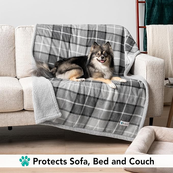 PetAmi Dog Blanket for Bed, XL Pet Blanket Large Dogs, Fleece Furniture Couch Cover Protector Sofa Car Crate Kennel, Soft Sherpa Cat Throw Plush Reversible Washable, Twin 60x80 Plaid Light Gray