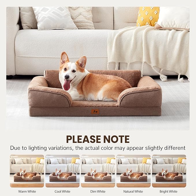 Orthopedic Dog Beds for Medium Size Dogs, Waterproof Egg-Crate Foam Pet Couch Bed with Soft Sides, Non-Slip Dog Sofa with Fleece Removable Washable Cover, 35" L Supportive Pet Sofa, Brown