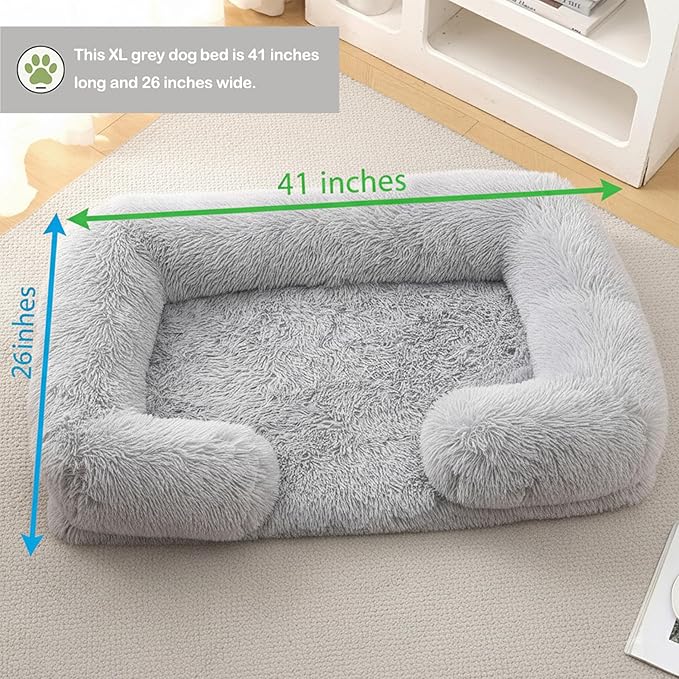 Orthopedic Dog Bed for XL Dogs - Washable Memory Foam Pet Sofa, Fluffy Plush Rectangular Bed, Waterproof Anti-Anxiety Couch, Light Gray, XL
