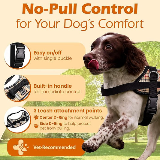 Bark Appeal Tan Plaid No-Pull Dog Harness for Extra Small Sized Pets – Adjustable, Reflective Vest with 3 Leash Clips for Added Control, Easy Walks & Training – XS