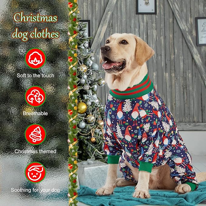 LovinPet Large Dog Christmas Pajamas - Christmas Outfit Xmas Holiday Costume for Dogs, Lightweight Pullover, A Gnome to FA La Navy Prints Large Dog PJ's Pitbull Clothes, M