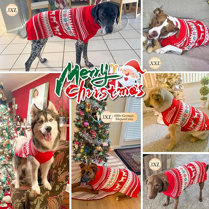 KYEESE Dog Christmas Sweater, Warm Turtleneck Dog Sweater for Large Dogs Boy Girl with Snowflake Reindeer Pattern, Winter Doggie Knitwear with Leash Hole, Cozy Winter Outfit, XXX-Large