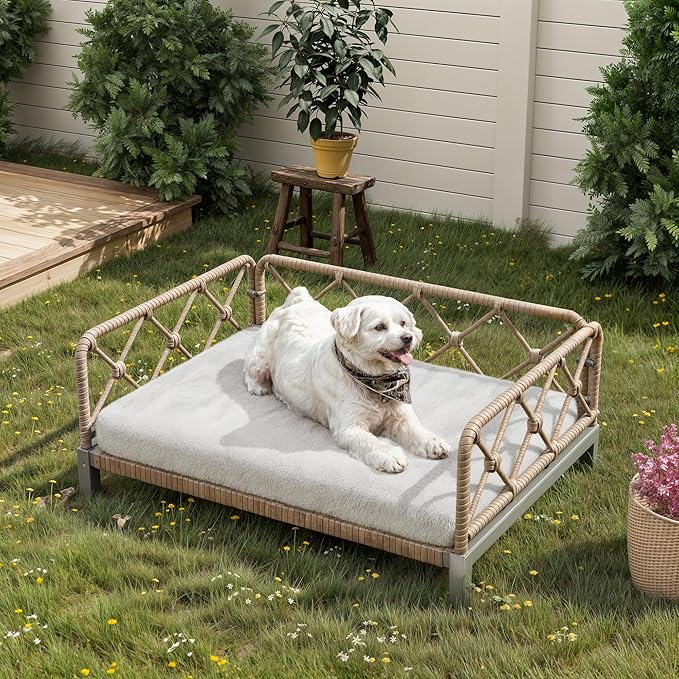 Dog Bed with Cushion, Cooling Elevated Raised Beds with Rattan Breathable Mesh and Universal Mat, Indoor & Outdoor Pet Cots for Small Dog, Sand