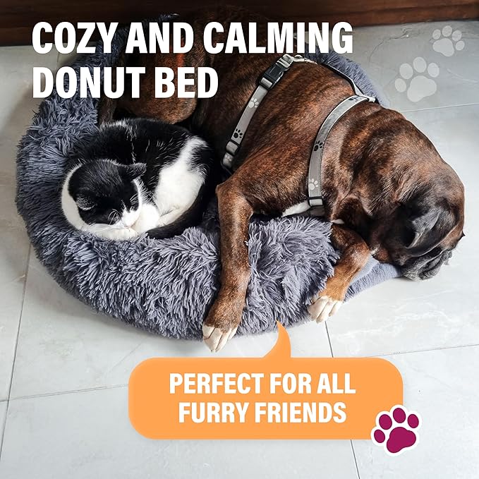 Active Pets Premium Small Donut Dog Bed, Fits Up to 45 lbs, Removable Cover & Washable Cushion, Plush Long Pile Faux Fur Fabric, Portable Dark Grey Pet Bed Furniture for Puppies Adult Canines & Cats