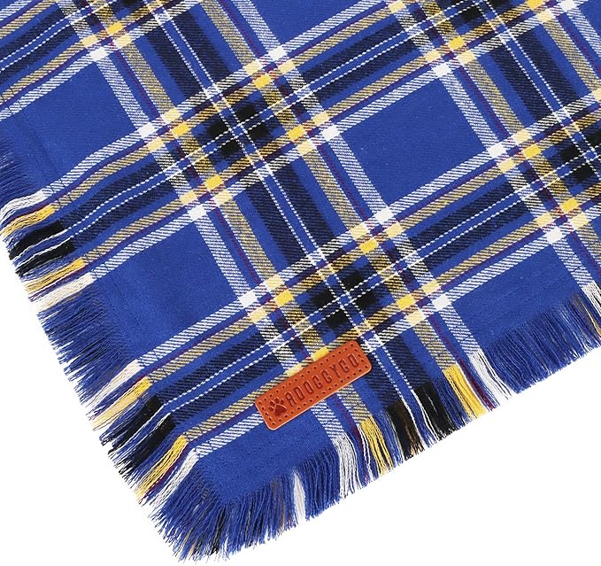 ADOGGYGO Dog Bandanas Boy with Tassels Edges, Stylish Blue Plaid Pet Scarf, Soft Cotton Fabric, Adjustable Reversible Plaid Bandanas for Extra Large Dogs (X-Large)