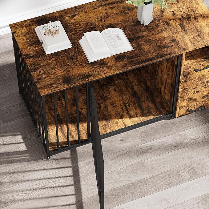 Dog Crate Furniture with Storage Cabinet, 42 Inch Wooden & Steel Decorative Indoor Kennel, Pet Cage End Table for Large and Medium Dogs, Escape-Proof & Chew-Proof, Rustic Brown