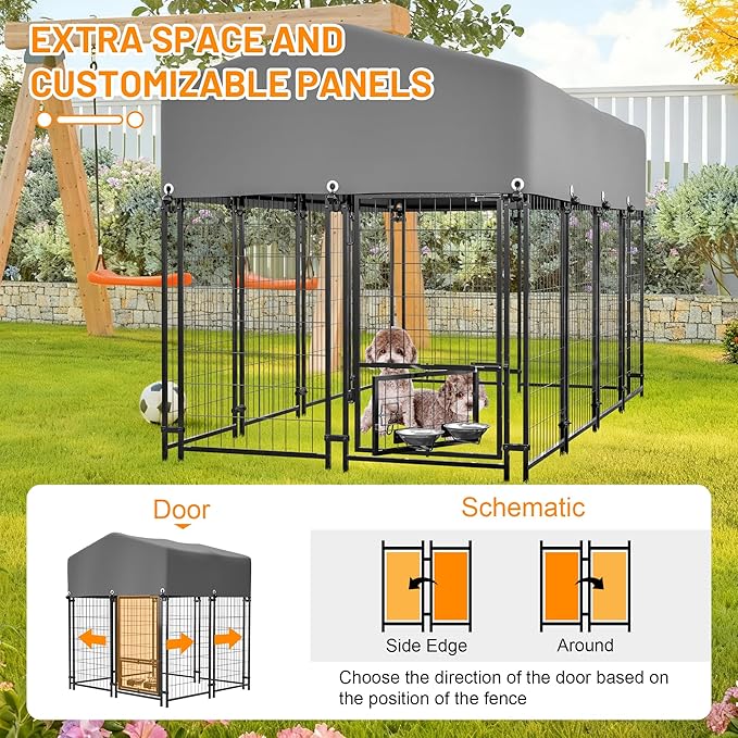 Dog Crate Dog Kennel Outdoor W/Roof,Dog Cage W/ 360°Rotating Feeder & Secure Lock,Weatherproof Dog Pens Outside W/Flexible Clamps,for Garden Yard,Grey(4.23x3.83x4.83 FT)