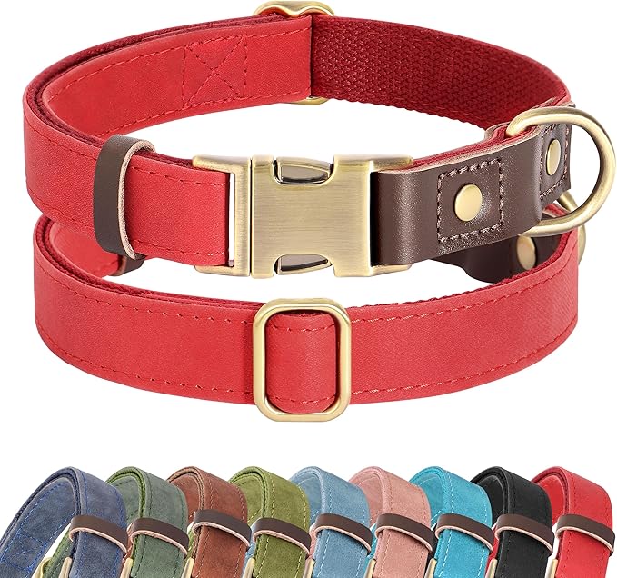 Didog Soft PU Leather Dog Collar for Large Dogs,Classic Adjustable Wide Dog Collars with Quick Release Metal Buckle,Easy Clean and Comfortable with Nylon Lining,Red,XL Neck 17-26", Width 1¼''