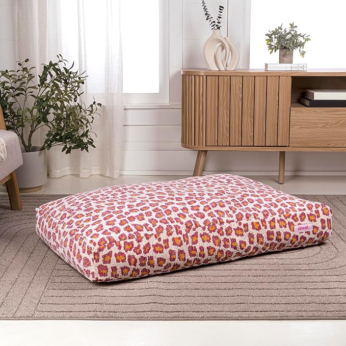 DBD3001F-L Mabel 41" x 25.5" Designer Modern Ultra Soft Reversible Plush Rectangular Pet Bed with Washable Cover, Raspberry Leopard