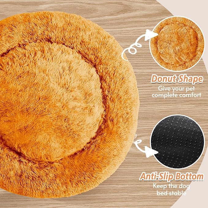 JOLLYVOGUE Small Dog & Cat Beds for Indoor Cats, Donut Cuddler Warming Soft Dog Beds with Anti-Slip Bottom, Round Calming Fluffy Plush Faux Fur Cushion Bed for Large Dogs (36", Orange)