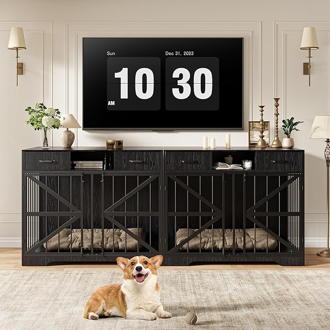 44" Large Dog Crate Furniture Set of 2, Wooden Heavy Duty Dog Kennel TV Stand with Storage Drawers, Decorative Indoor Pet Crate for Medium & Large Dogs, Black