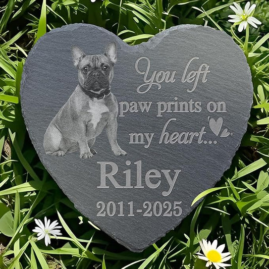Pet Memorial Stone with Photo, Dog Memorial Gifts for Loss of Dog, Personalized Pet Memorial Gifts, Pet Loss Gift - Paw Prints On My Heart（Heart）