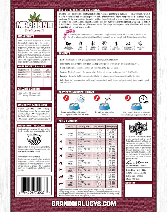 Grandma Lucy's Macanna Dog Food, Grain Free and Freeze-Dried - Beef Recipe, 3Lb Bag