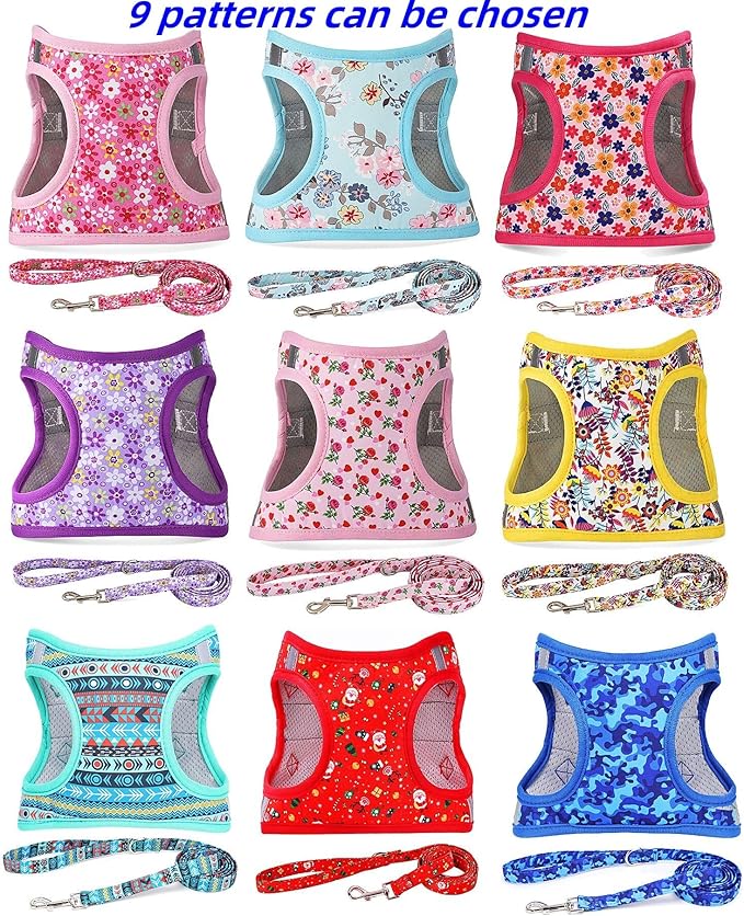Moonpet Step in Dog Harness Leash Set- All Weather Reflective No-Pull Floral Pattern Padded Mesh Vest Harness for Cats Puppy Extra-Small Small Medium Large Dogs - Pink Flower - XXS