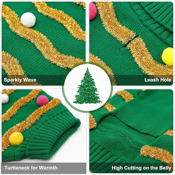 cyeollo Dog Christmas Sweater, Pullover Turtleneck Xmas Sweaters with Leash Hole Glitter Holiday Puppy Clothes for Small Dogs Cats