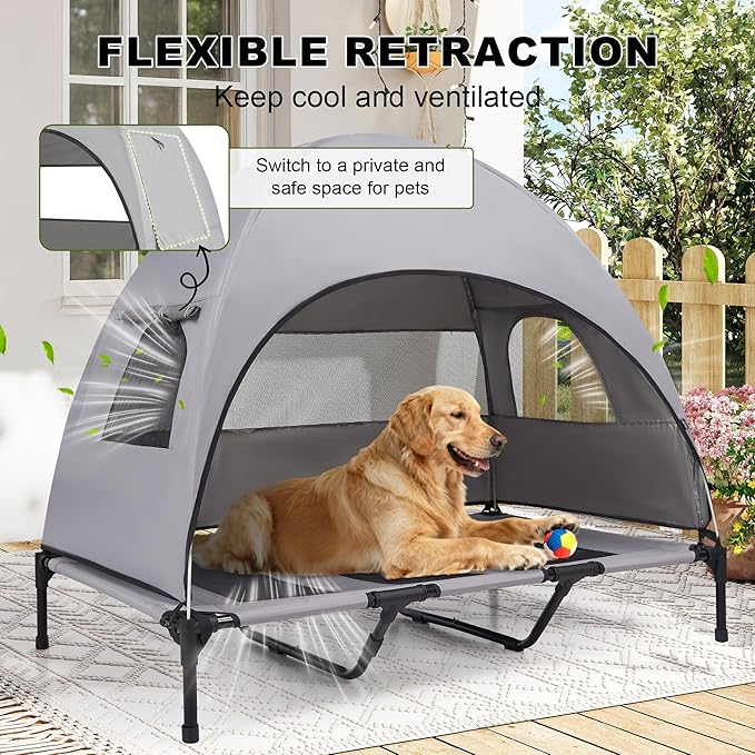 Large Raised Dog Bed with Removable Shade Canopy, Breathable & Waterproof Outdoor Pet Cot for Dogs up to 110 Lbs, Durable Steel Frame Dog Camping Bed for Lawn, Porch, Beach or Indoor Resting