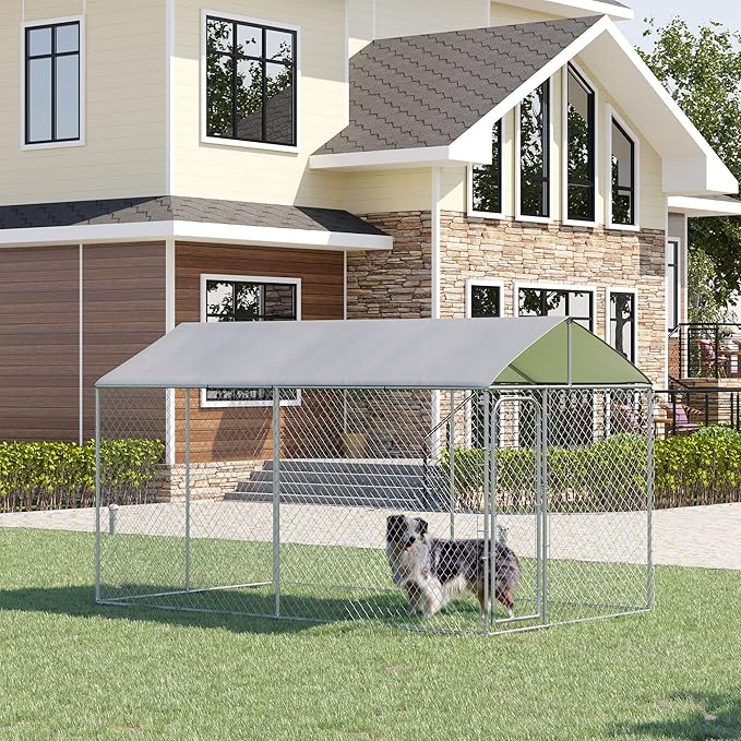 PawHut Outdoor Dog Kennel, Heavy Duty Dog Run Outdoor Fence with Waterproof Cover, Galvanized Chain Link, Secure Lock, 13' x 7.5' x 7.5'