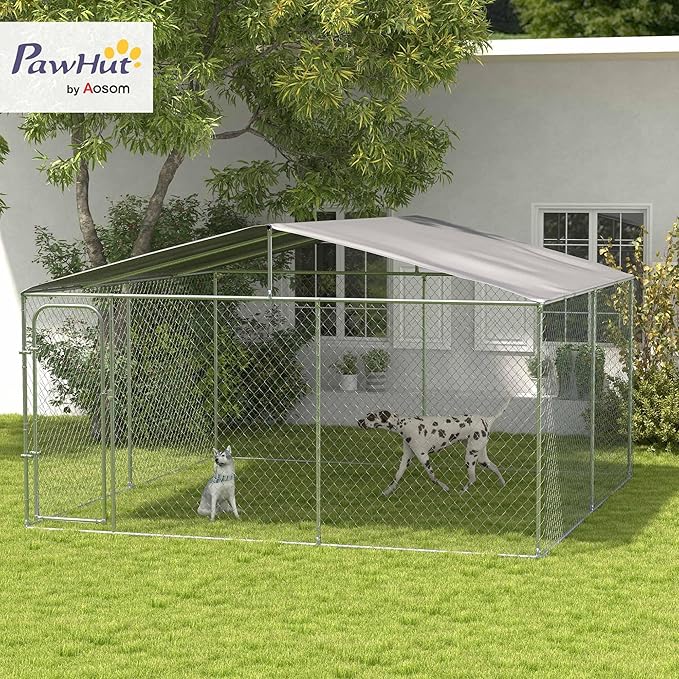 PawHut Outdoor Dog Kennel, Heavy Duty Dog Run Outdoor Fence with Waterproof Cover, Galvanized Chain Link, Secure Lock, for Large Breeds, Chickens, Ducks, 13' x 13' x 7.5'