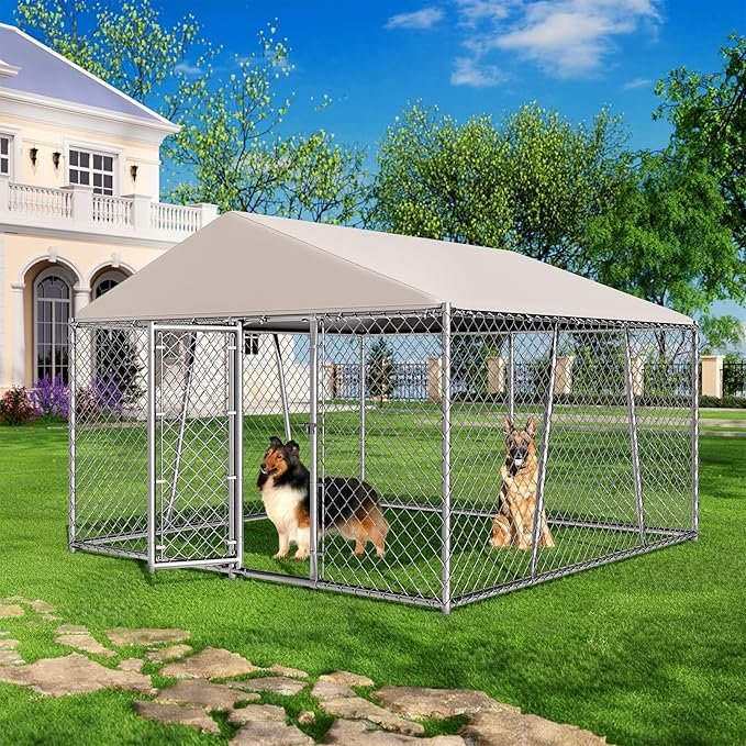 Lyromix 10 x 10FT Large Outdoor Dog Kennel with Roof, Dog Kennel Outside with Waterproof Cover, Galvanized Heavy Duty Chain Link Dog Runs Cage Playpen for Outside with Secure Lock