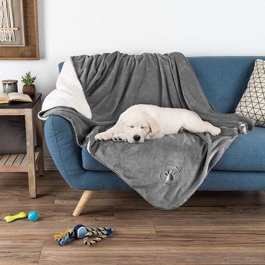 Waterproof Pet Blanket - 50x60-Inch Reversible Sherpa Fleece Throw Protects Couches, Cars, and Beds from Spills, Stains, and Fur by PETMAKER (Gray)